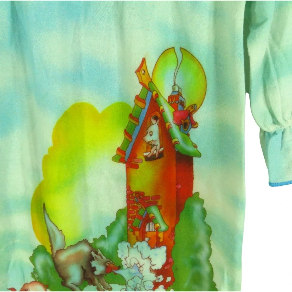 VTG Carter's Blue Cloud KNIT NIGHTGOWN GOWN Ruffle Trim 3 LITTLE PIGS w/WOLF 3T